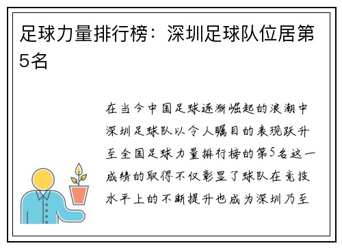 足球力量排行榜：深圳足球队位居第5名