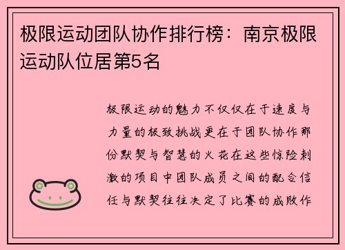 极限运动团队协作排行榜：南京极限运动队位居第5名
